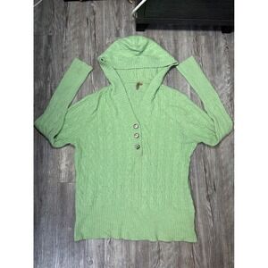 Pride Cashmere 100% Light Green Cable Knit Hooded Pullover Sweater Women XL